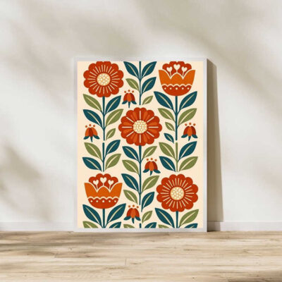 Scandinavian Boho Folk Floral Wall Art Print Framed