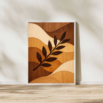 Boho Botanical Leaf Wood Texture Wall Art Print Framed