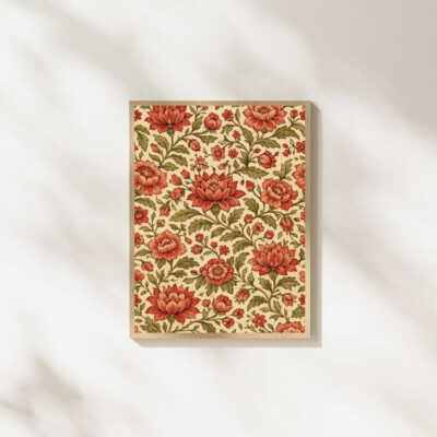 Vintage Red Peony Boho Floral Pattern Wall Art Print