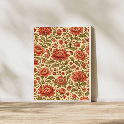 Vintage Red Peony Boho Floral Pattern Wall Art Print Framed