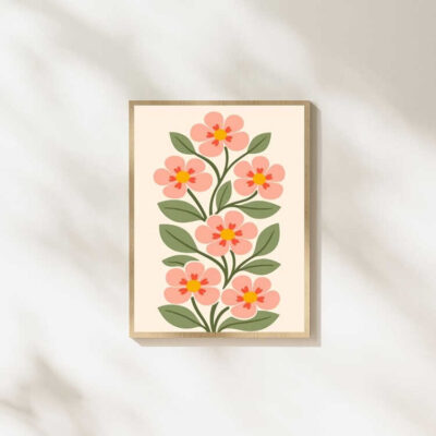 Retro Pink Boho Floral Botanical Wall Art Print