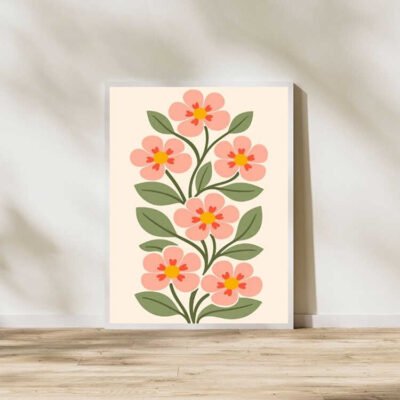 Retro Pink Boho Floral Botanical Wall Art Print Framed