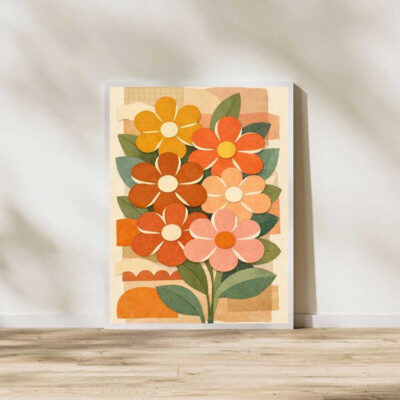 Retro Boho Daisy Bouquet Wall Art Print Framed
