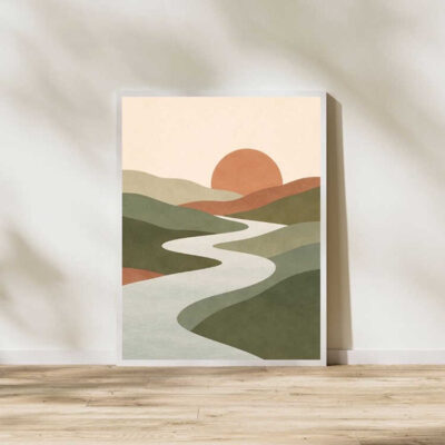 Boho Abstract River Sunset Landscape Wall Art Print Framed