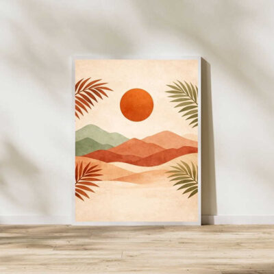 Boho Desert Sunset Wall Art Minimalist Sun Landscape Print Framed