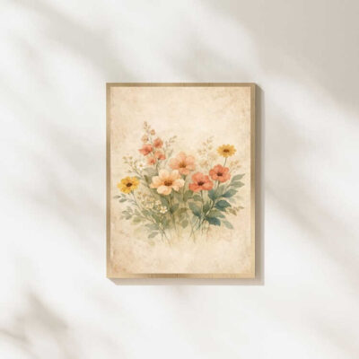Vintage Boho Watercolor Wildflower Bouquet Wall Art Print