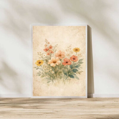 Vintage Boho Watercolor Wildflower Bouquet Wall Art Print Framed
