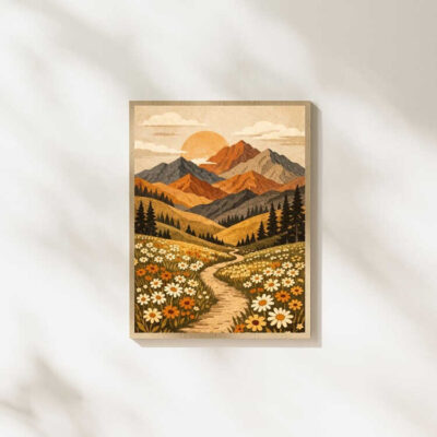 Boho Wildflower Mountain Landscape Wall Art Print