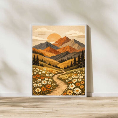 Boho Wildflower Mountain Landscape Wall Art Print Framed