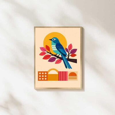 Mid-Century Modern Boho Bluebird Botanical Wall Art Print