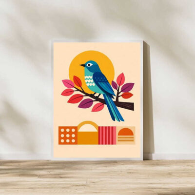 Mid-Century Modern Boho Bluebird Botanical Wall Art Print Framed