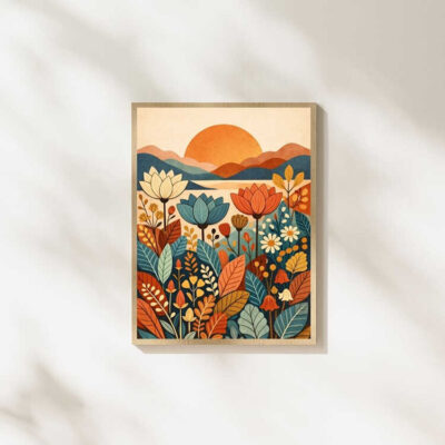 Boho Botanical Sunset with Floral Landscape Wall Art Print