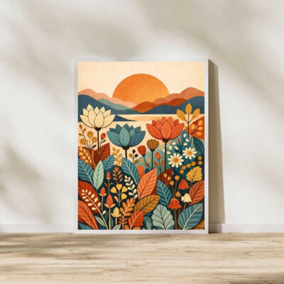 Boho Botanical Sunset with Floral Landscape Wall Art Print Framed