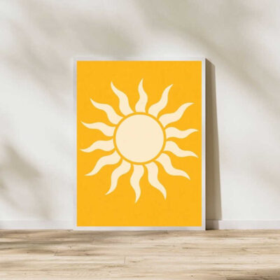 Retro Boho Yellow Sunburst Wall Art Print Framed